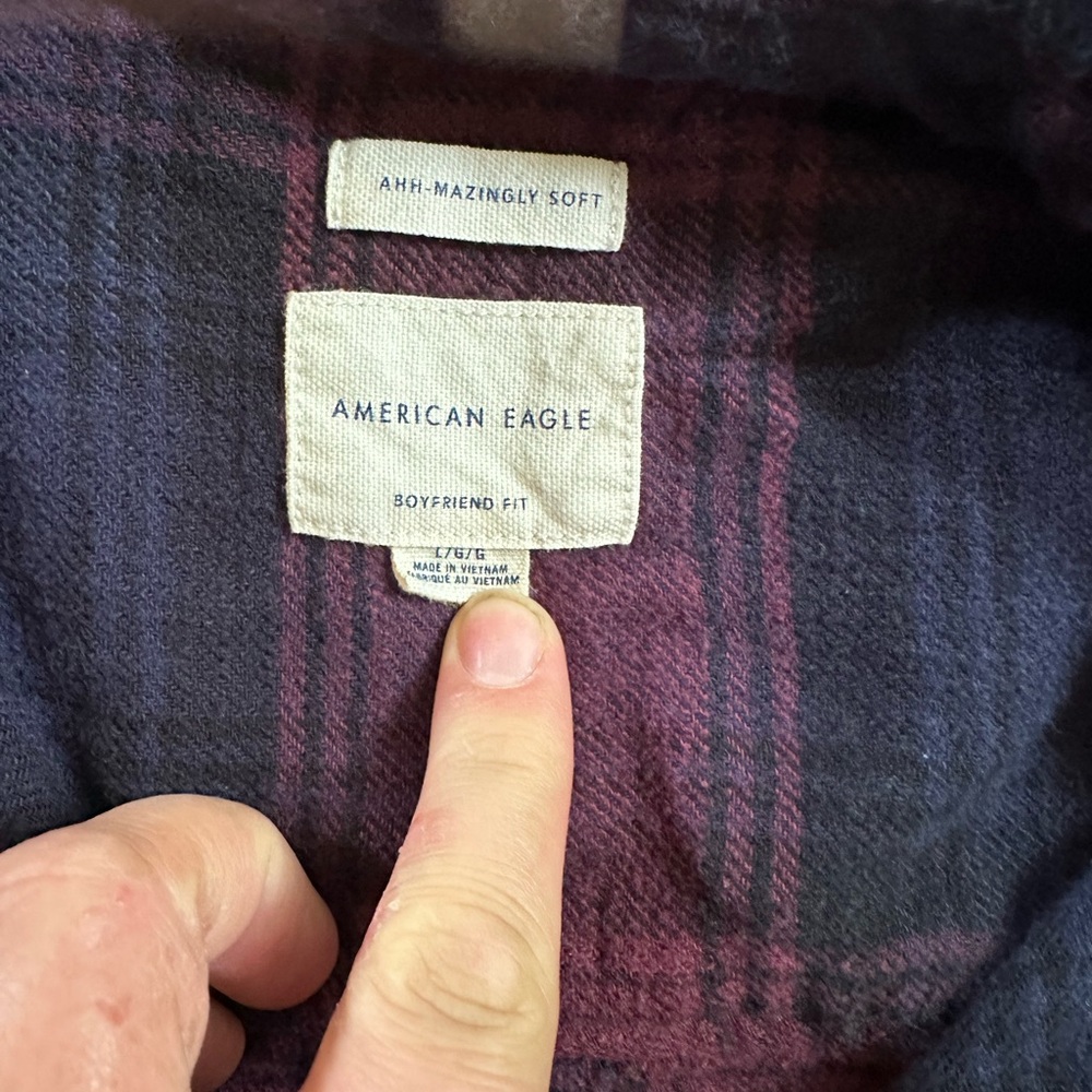 American Eagle Ahh-mazingly Soft Navy and Purple Plaid Flannel Boyfriend Shirt - Picture 2 of 5